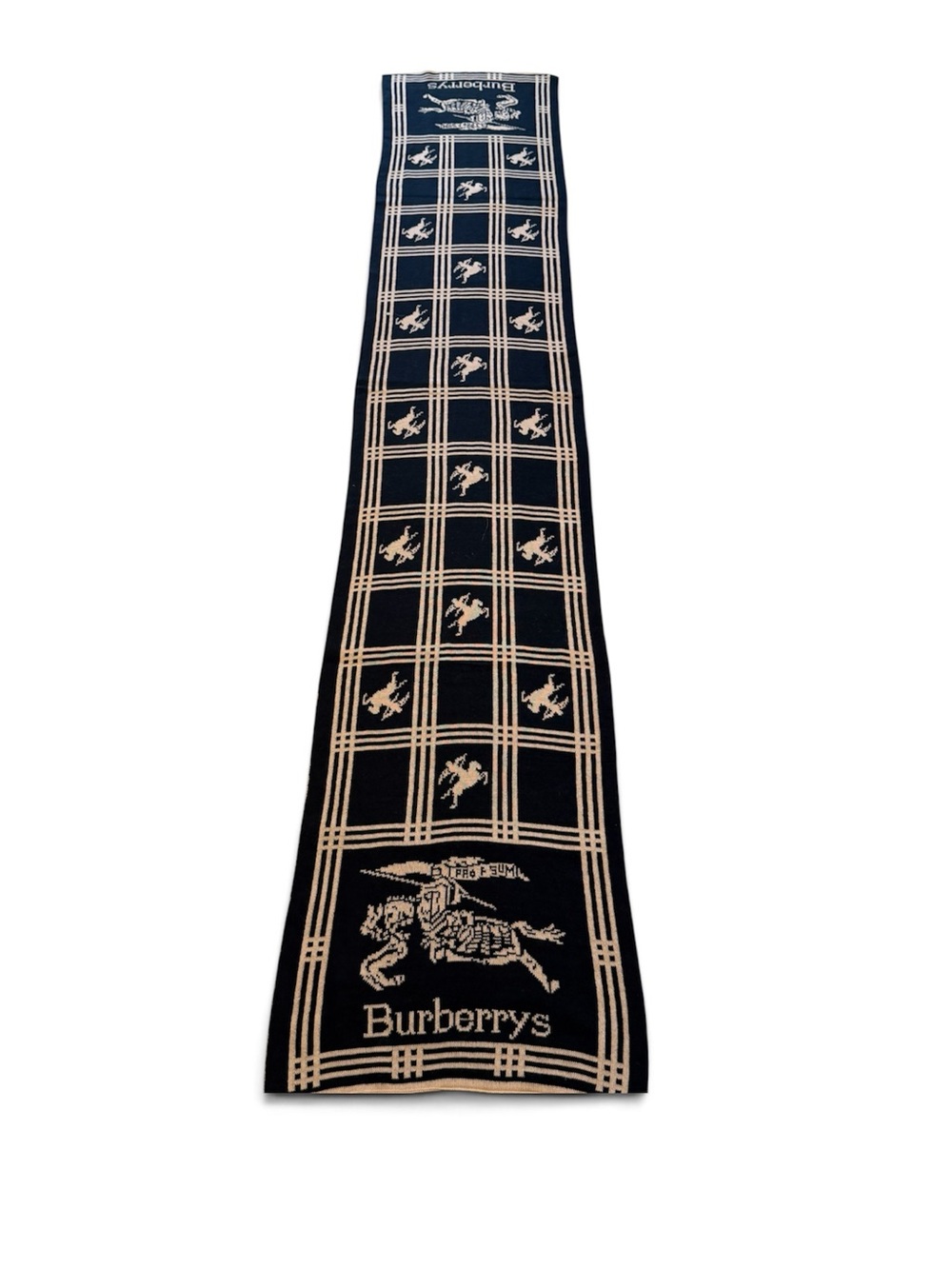 80’s Vintage Burberry Black & Beige Equestrian Grid Logo Scarf for Men